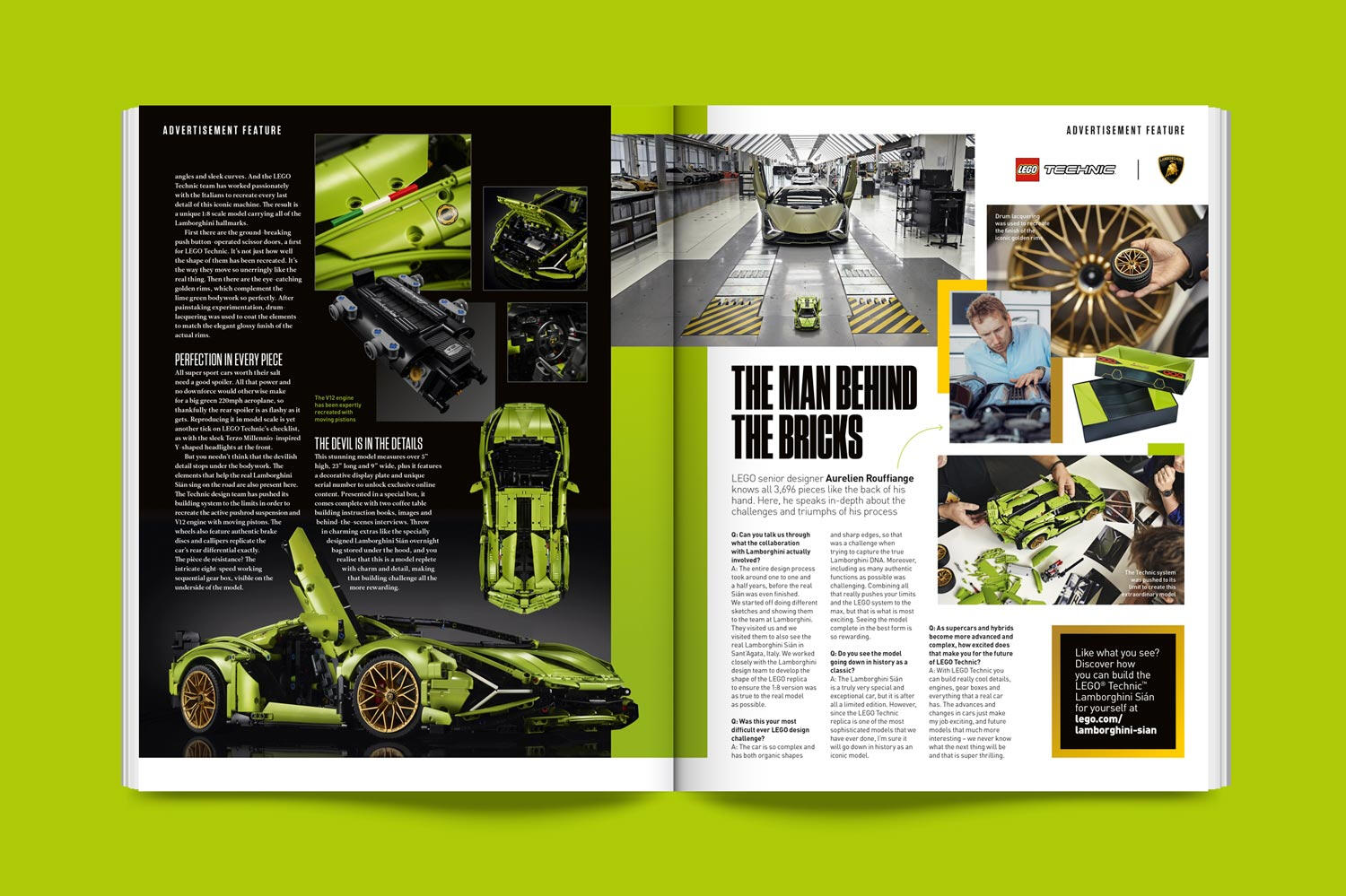 a spread from bbc top gear magazine featuring the lego technic lamborghini sian